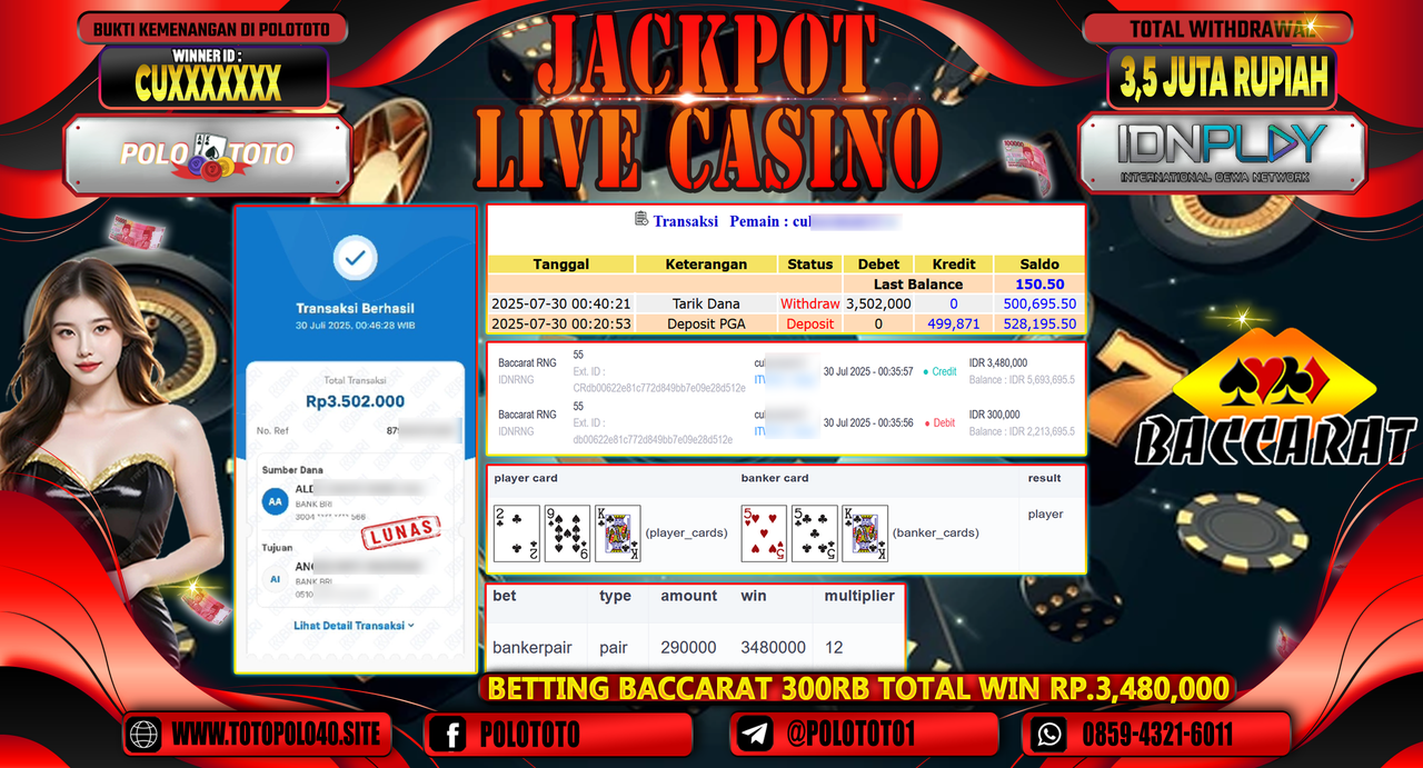 POLOTOTO JACKPOT LIVE CASINO BACCARAT RNG Rp.3.500.000,-LUNAS