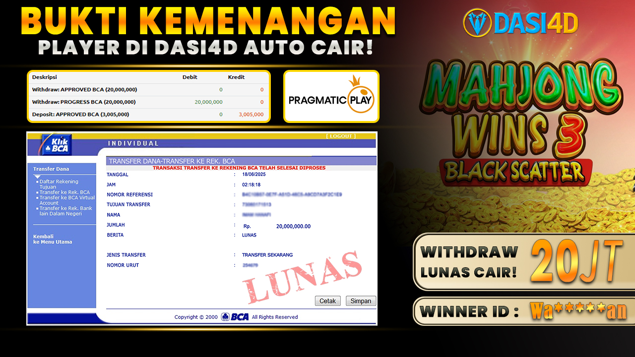 BUKTI KEMENANGAN 18 JUNI 2025 DI MAHJONG WINS 3 BLACK SCATTER WD 20 JUTA