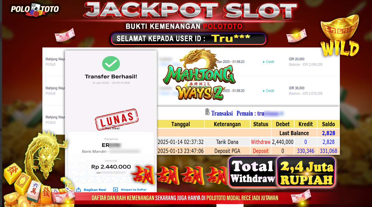 POLOTOTO JACKPOT SLOT MAHJONG WAYS 2 Rp.2,440.000,-