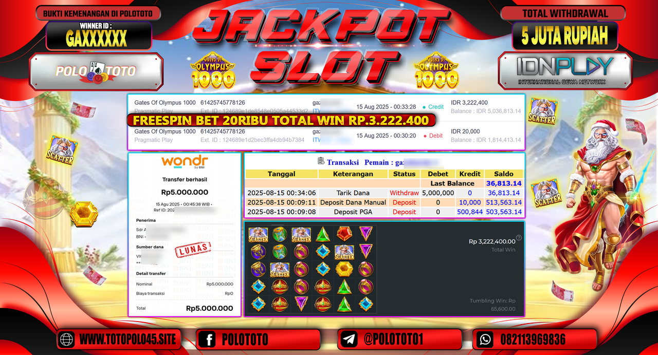 POLOTOTO JACKPOT SLOT GATES OF OLYMPUS 1000 Rp.5.000.000,-LUNAS