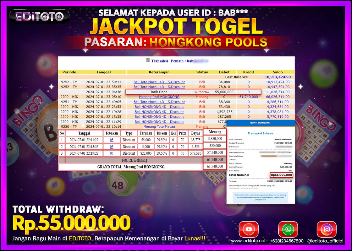 JACKPOT  TOGEL HONGKONG Rp.55.000.000.,- LUNAS