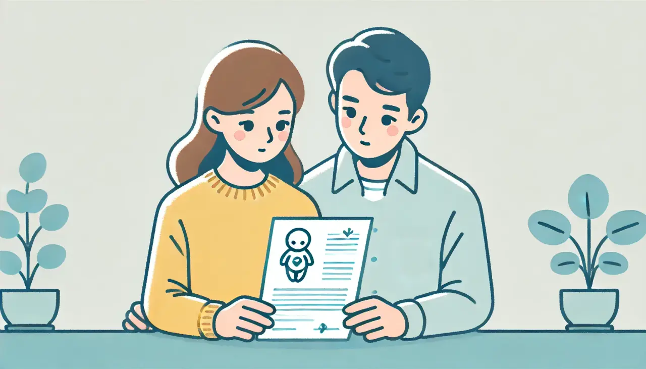 Illustration of a couple reviewing surrogacy documents with caution, emphasizing vigilance against potential fraud.