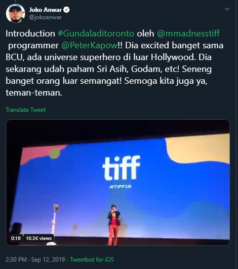 Joko Anwar menghadiri gelatan Toronto International Film Festival (TIFF) 2019.