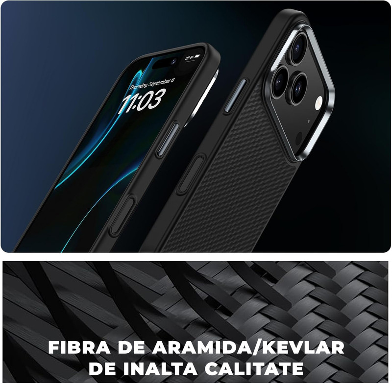 Husa pentru iPhone 17 Pro Daden® Armor Pro din fibra de aramida/Kevlar, MagSafe Integrat, Margini portejate, Protectie Antisoc, Camera Ultra Safe, Negru 711m5Up Gn OL AC SL1500 copy