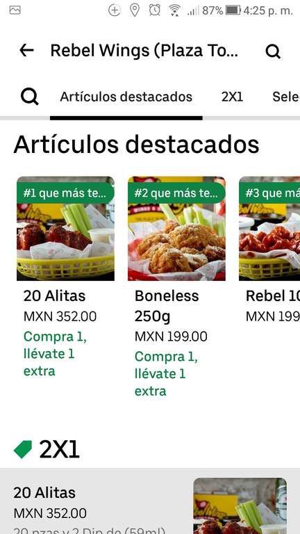 Uber Eats - Rebel wings promoción + promoción con uber one, 500gms de boneless en $99. Metepec, Edomex.