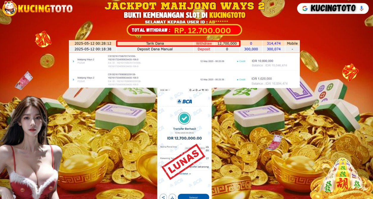 KUCINGTOTO JACKPOT SLOT MAHJONG WAYS 2 RP.12.700.000.,- LUNAS