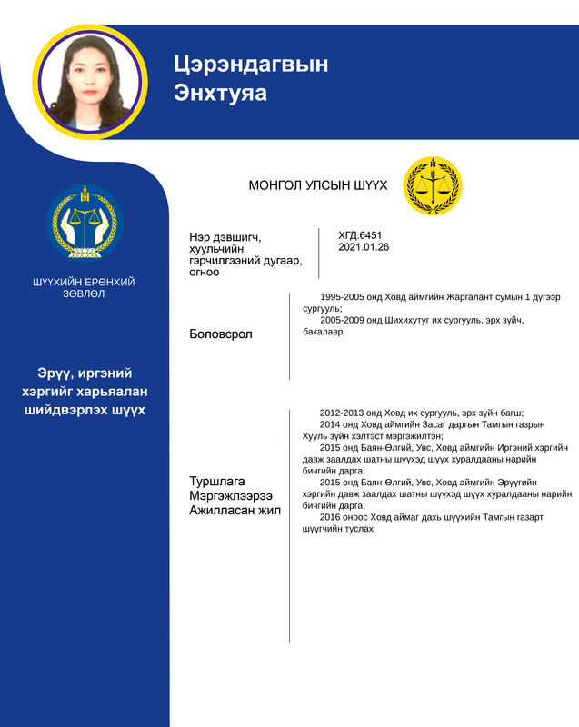 Эрүү, иргэний хэргийг харьяалан шийдвэрлэх анхан шатны шүүхийн шүүгчид нэр дэвшигч Э.Энхтуяагийн мэргэжлийн үйл ажиллагааны танилцуулга