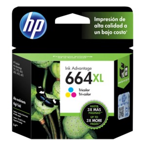 Cartucho de tinta original de alto rendimiento HP 664XL en tricolor.