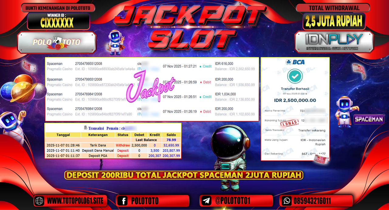POLOTOTO JACKPOT SLOT SPACEMAN Rp.2.500.000,- LUNAS