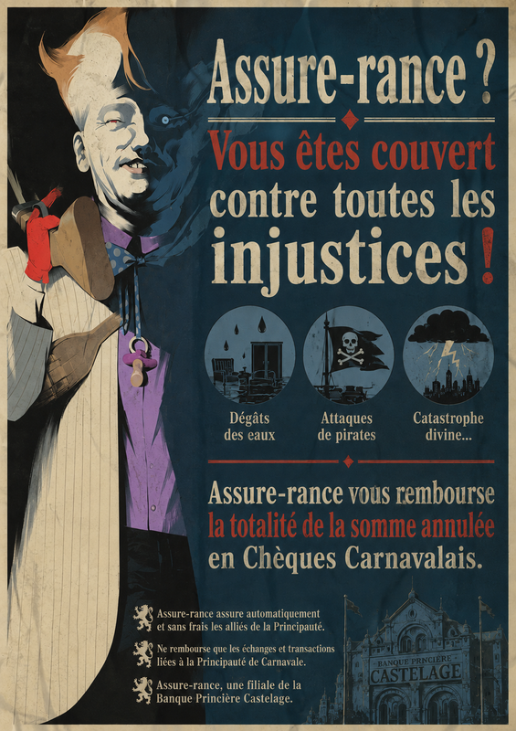 Fausse affiche publicitaire pour une assurance carnavalaise. "Assure-rance ? Vous êtes couvert contre toutes les injustices ! Dégâts des eaux, attaques de pirates, catastrophe divine... Assure-rance vous rembourse la totalité de la somme annulée en Chèques Carnavalais. Assure-rance assure automatiquement et sans frais les alliés de la Principauté. Ne rembourse que les échanges et transactions liées à la Principauté de Carnavale. Assure-rance, une filiale de la Banque Princière Castelage."
