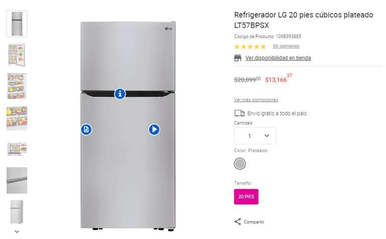 Liverpool: Refrigerador LG 20 pies cúbicos 13,166 pesos 
