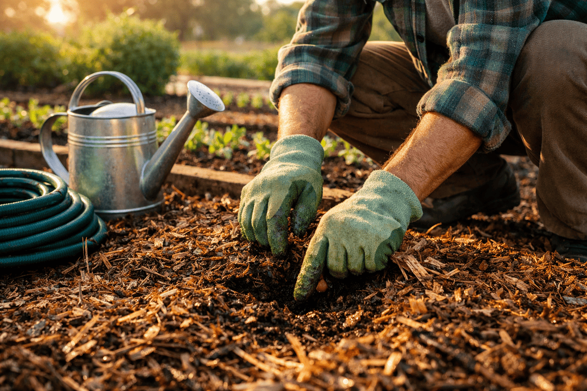 Садовод проверяет влажность почвы у грядки на рассвете