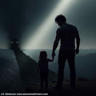 Silhouetted man and child walking into a dimly lit, foggy environment with an ominous glow ahead.
