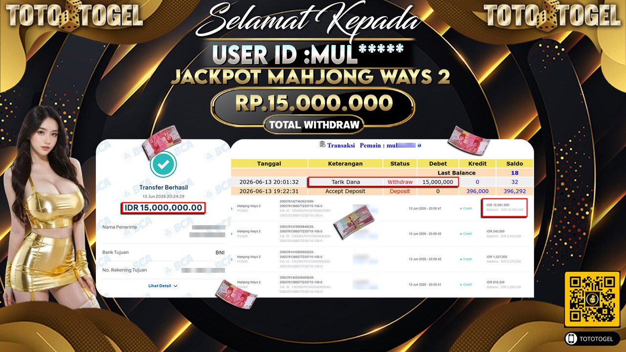 Bukti Pembayaran Jackpot Permainan Slot Mahjong Ways 2 ID:MUL*****LUNAS