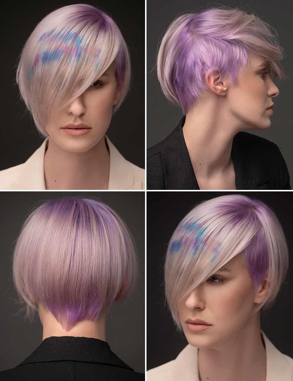 Asymmetrical short blonde hair with long bangs and purple hues