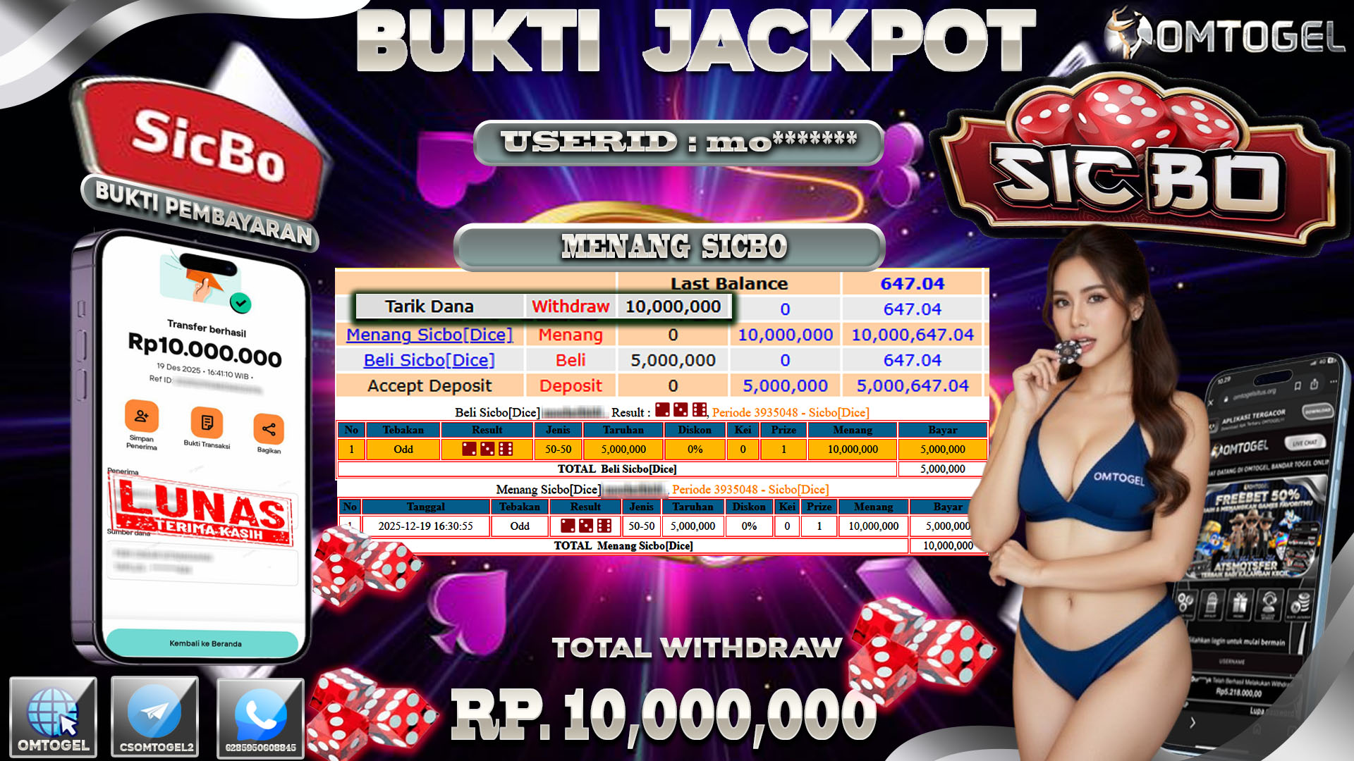 OMTOGEL JACKPOT LIVEGAMES CASINO SICBO DICE ,10 JUTA DI BAYAR LUNAS ,-