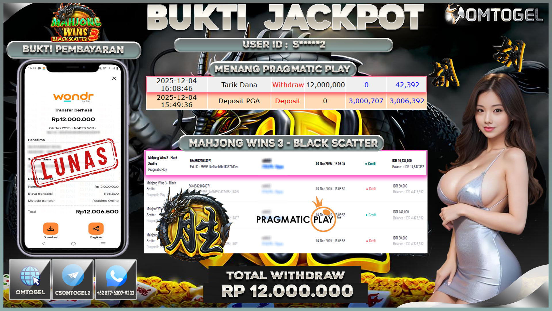 OMTOGEL JACKPOT PRAGMATIC PLAY MAHJONG WINS 3-BLACK SCATTER ,12 JUTA DI BAYAR LUNAS ,-