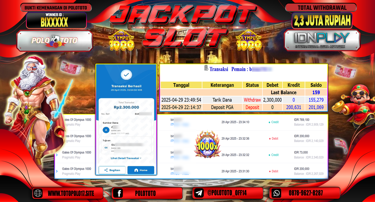 POLOTOTO JACKPOT SLOT GATES OF OLYMPUS 1000 Rp.2.300.000,-