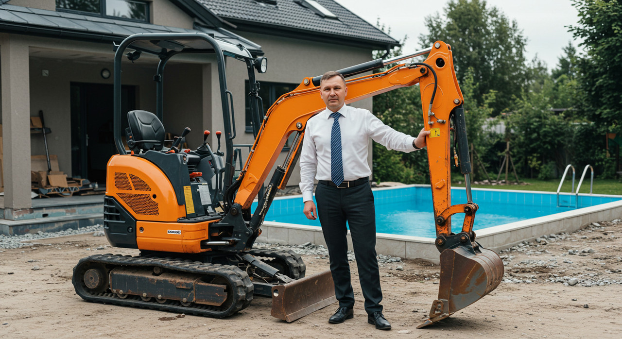 Успешный владелец китайского мини экскаватора на фоне завершенного строительного проекта