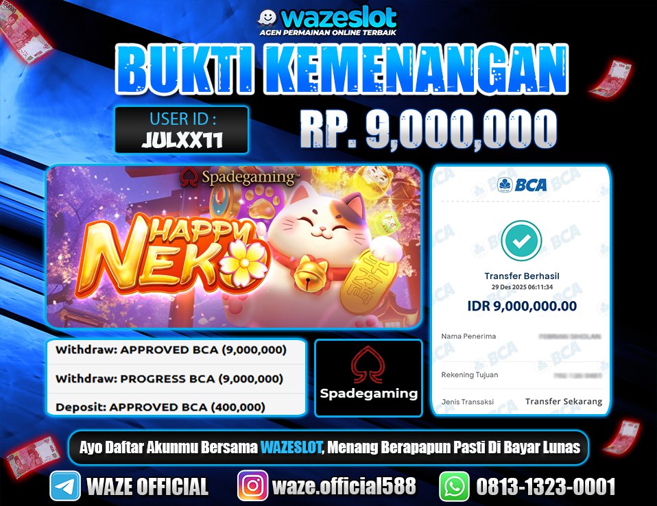 BUKTI KEMENANGAN 29 DESEMBER 2025 GAME HAPPY NEKO (SPADEGAMING)