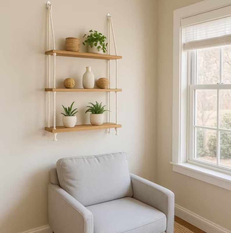 Prateleira de madeira suspensa com corda rústica