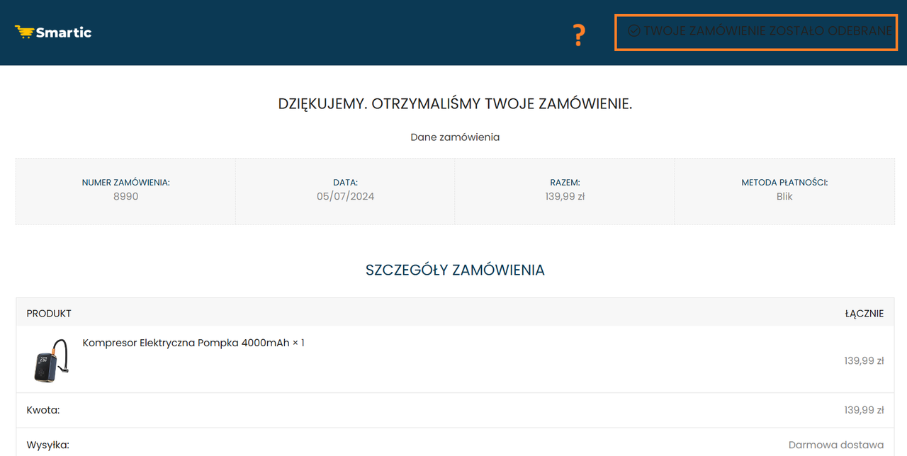 Twoje zamówienie zostało odebrane