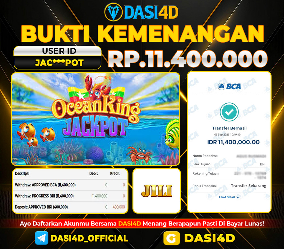BUKTI KEMENANGAN 05 SEPTEMBER  2025 DI OCEAN KING JACKPOT   RP 11.400.000