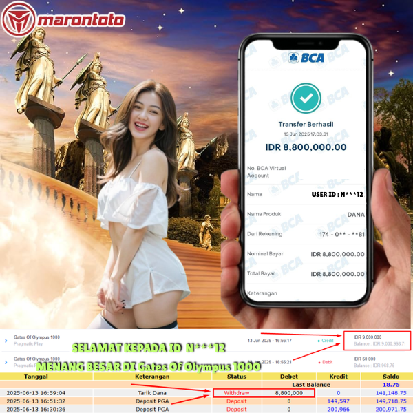 Bukti Kemenangan Member Marontoto Sebesar 8,800,000 JuTa