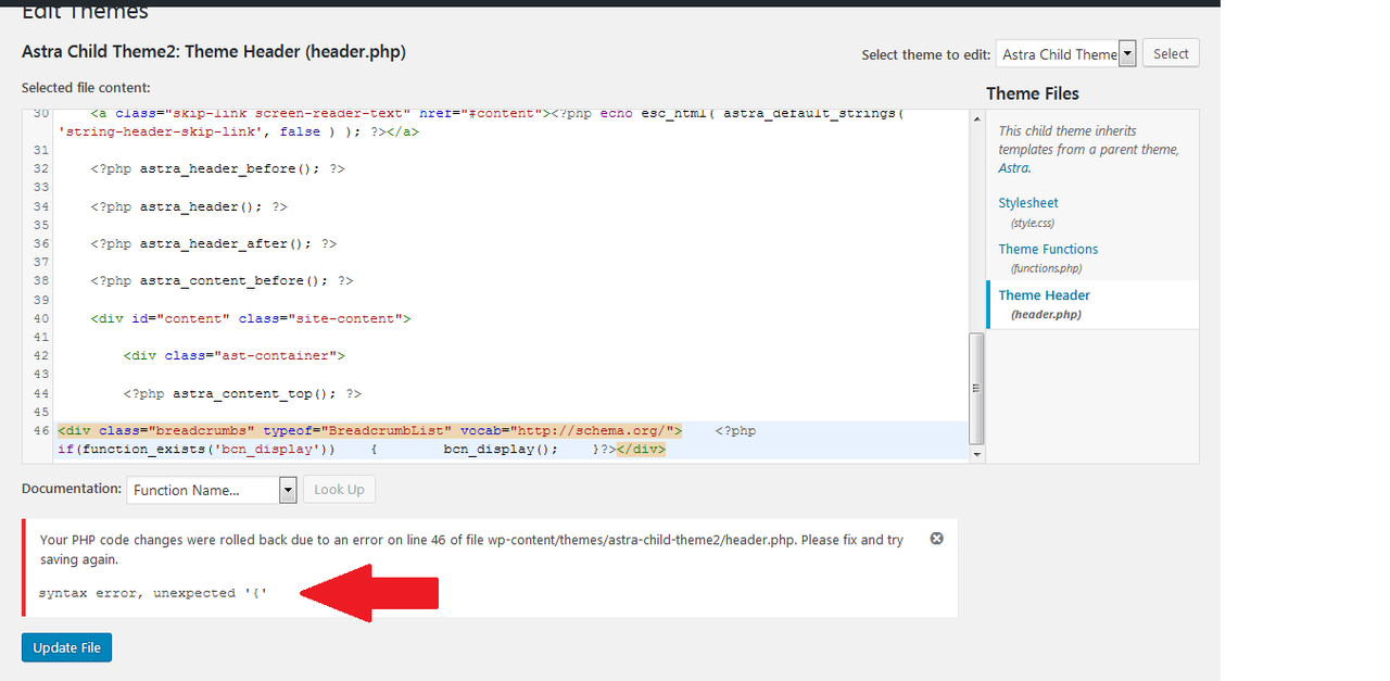 NavXT code won't go into Astra theme header
