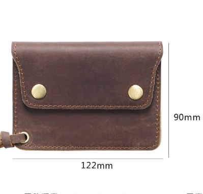 Wine Red Handmade Crazy Horse Leather Wallet Vintage Coin Purse Zipper Card Holder with Strap Snap Closure Top Layer Cowhide 12cm