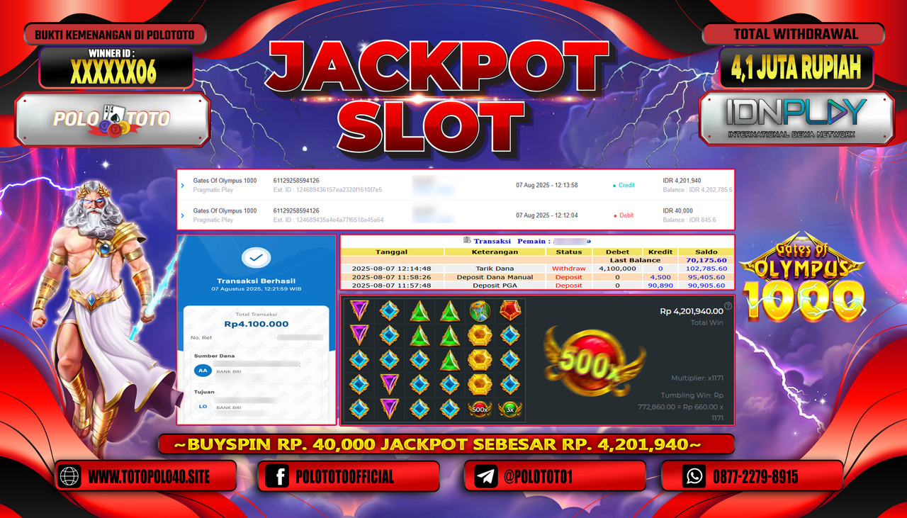 POLOTOTO JACKPOT SLOT GATES OF OLYMPUS 1000 Rp.4.100.000,-LUNAS