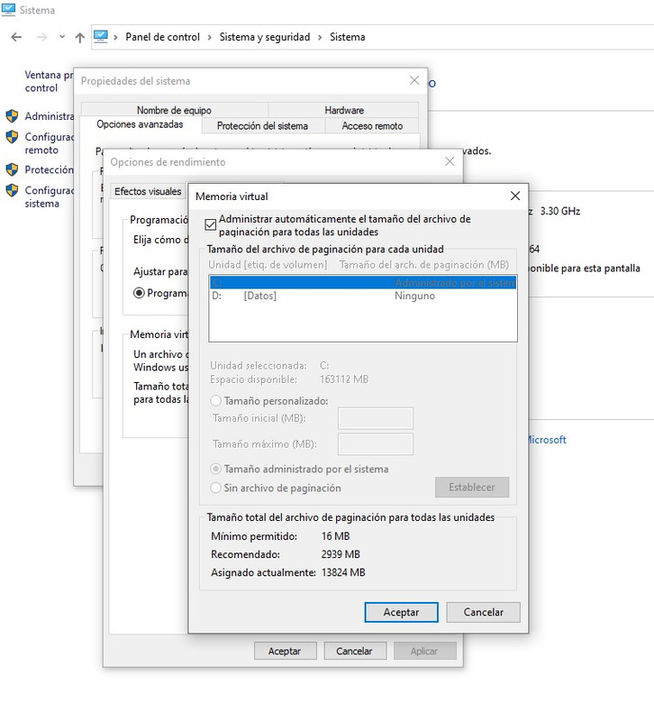 Gesrtion memoria virtual W10