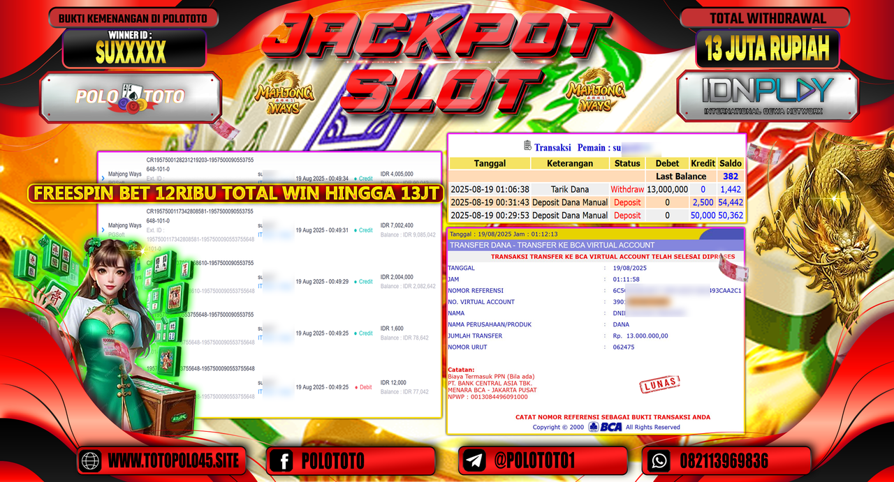 POLOTOTO JACKPOT SLOT MAHJONG WAYS Rp.13.000.000,-