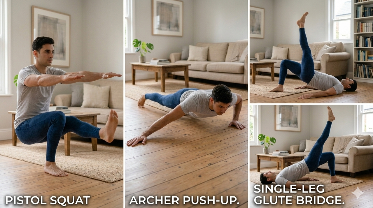 Complete at-home full body workout without equipment exercise collage showing push-ups squats lunges planks and glute bridges for total body strength