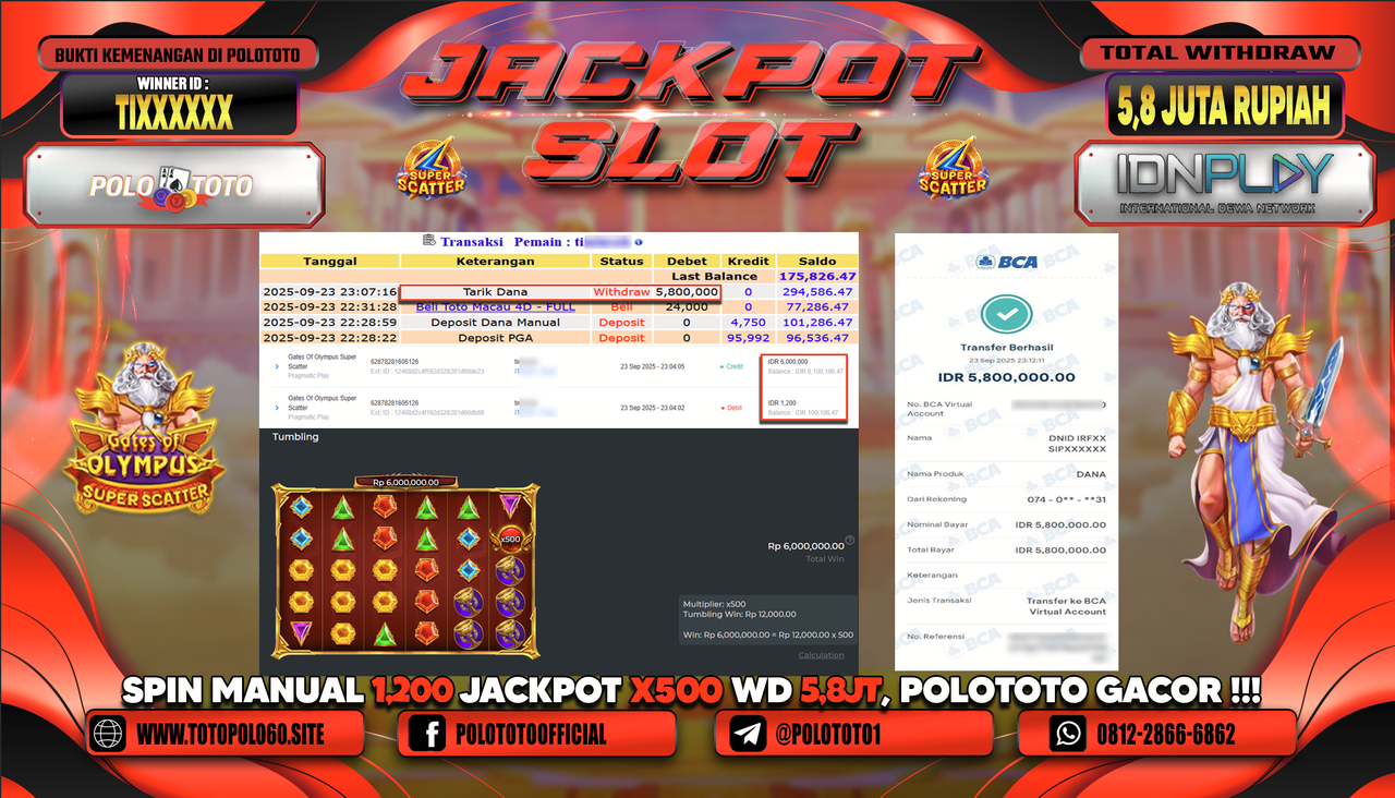 POLOTOTO JACKPOT SLOT GATES OF OLYMPUS SUPER SCATTER Rp.5.800.000,- LUNAS