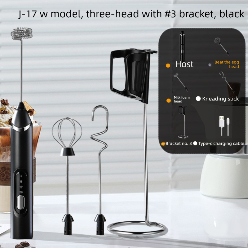 Rechargeable 3-in-1 Milk Frother Set with Metal Stand - Handheld Electric Whisk, Egg Beater & Mixing Hook - 3 Speed Foam Maker for Coffee, Lattes & Baking (Black)