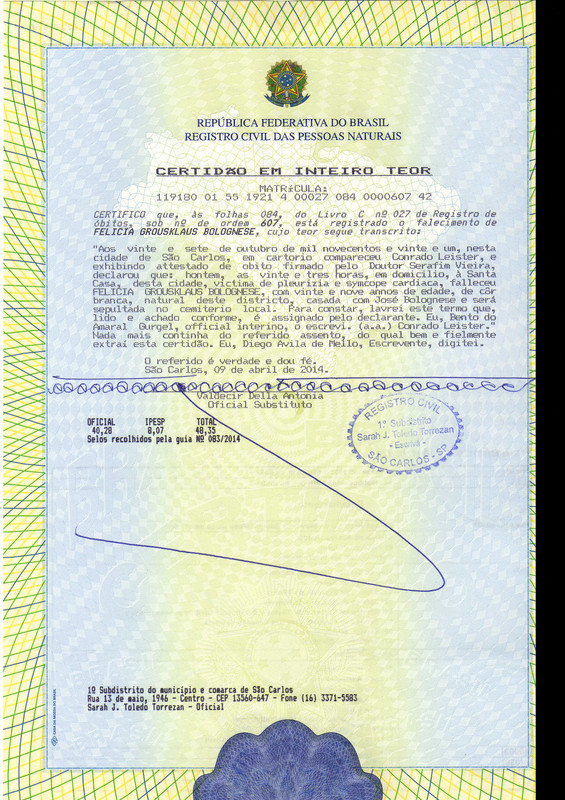 Antenato Italiano Avô José Bolognesi CObito Felicia Bolognesi