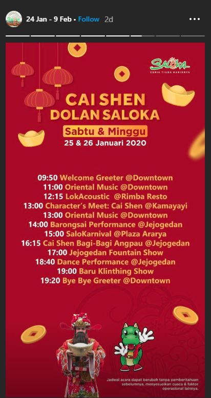 Jadwal acara Imlek 2020 di Saloka Theme Park Semarang.