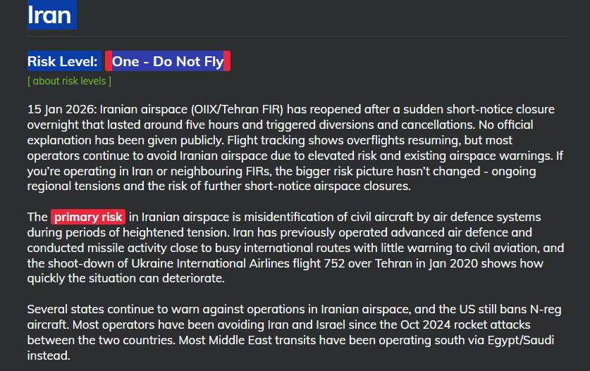 Iran Risk Level: One - Do Not Fly/Nivel de riesgo en Irán: U (1)