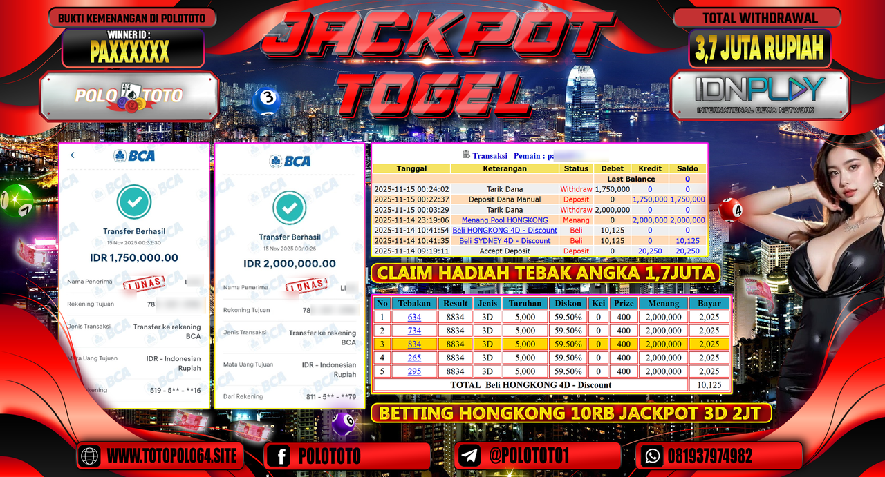 POLOTOTO JACKPOT MENANG TOGEL HONGKONG LOTTO Rp.3.700.000,- LUNAS