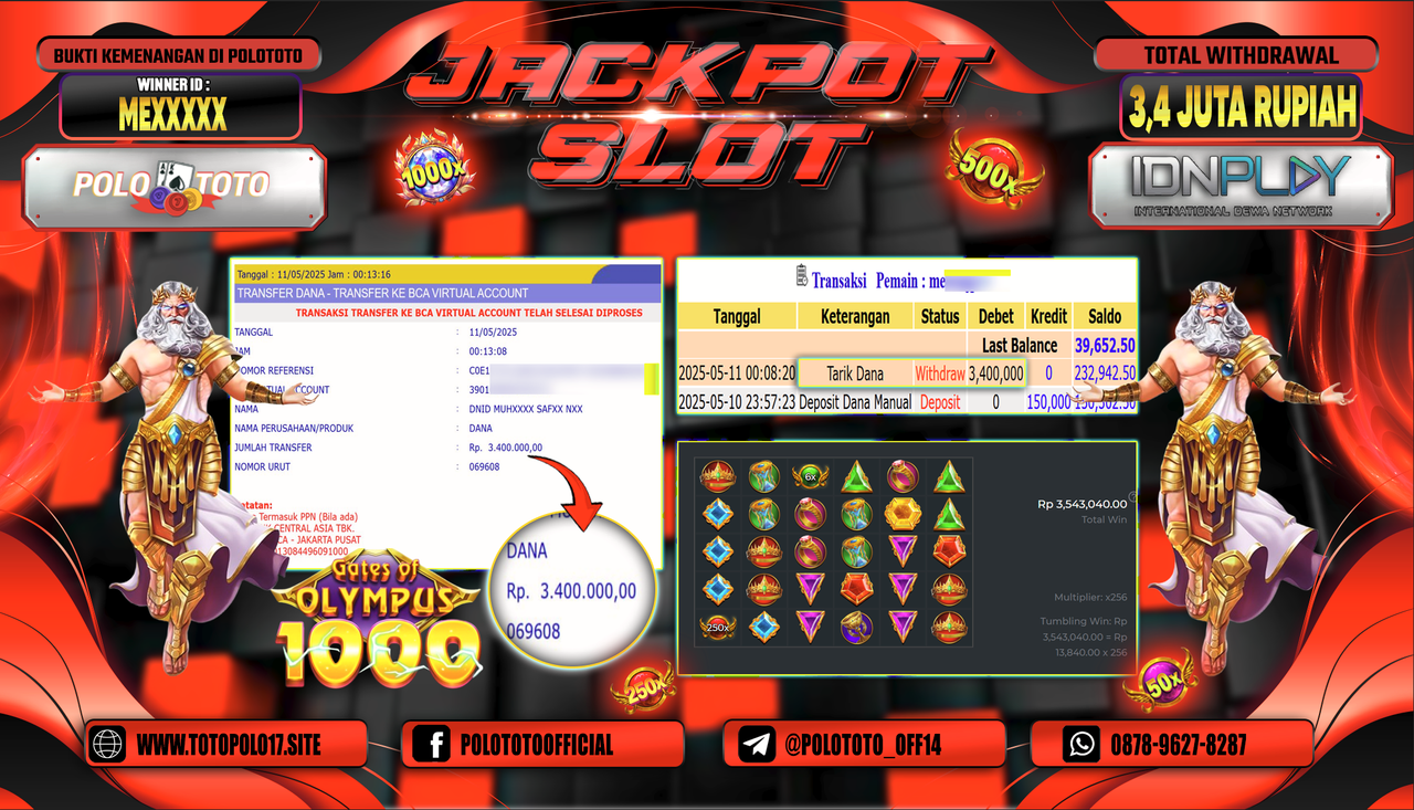 POLOTOTO JACKPOT SLOT GATES OF OLYMPUS 1000 Rp.3.400.000,-
