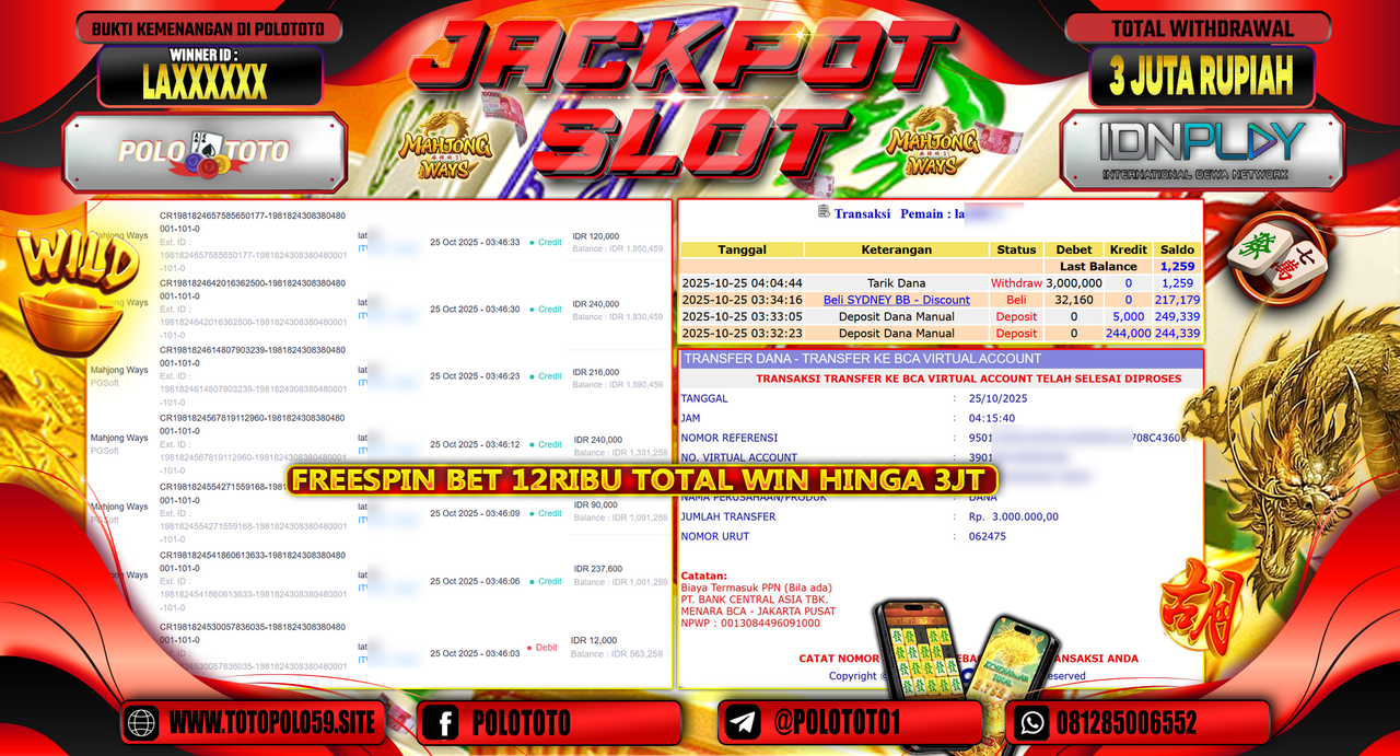 POLOTOTO JACKPOT SLOT MAHJONG WAYS Rp.3.000.000,- LUNAS