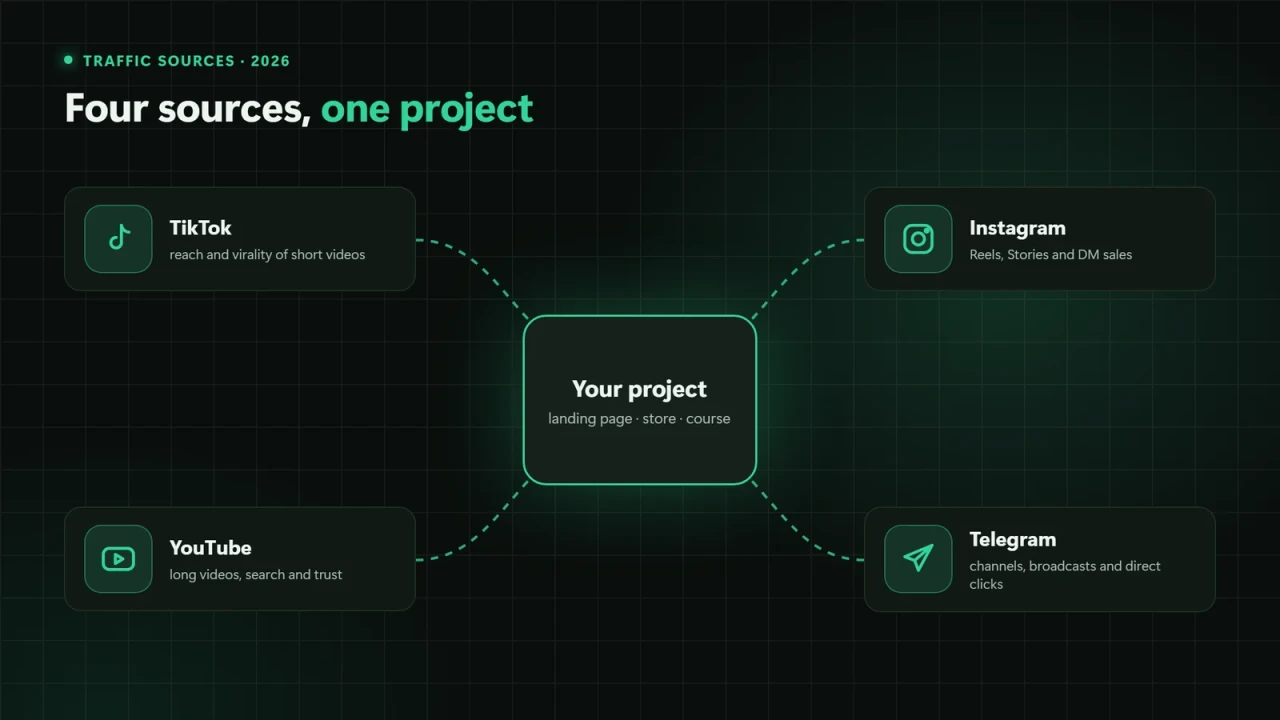 Traffic sources diagram: TikTok, Instagram, YouTube and Telegram