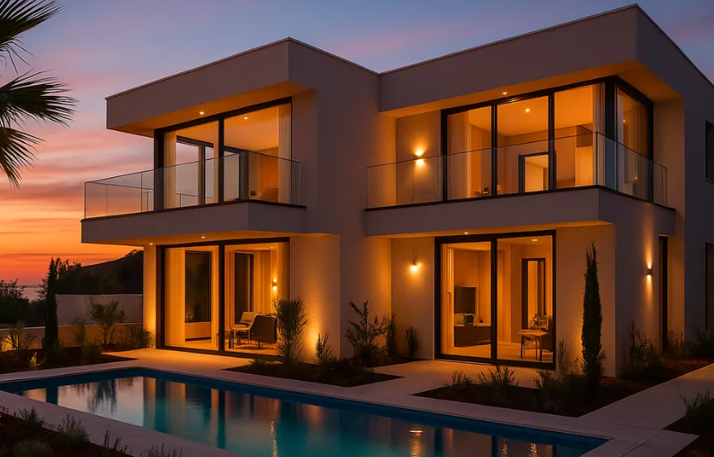 A luxurious modern property with a swimming pool.