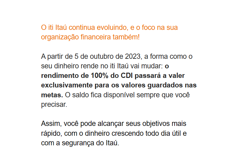 Print do comunicado iti do banco Itaú, avisando seus clients sobre o fim do rendimento de 100% do CDI para saldos nas contas