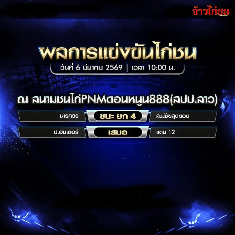 สรุปผลไก่ชน สนามชนไก่ PNM ดอนหนูน 888 สปป.ลาว วันที่ 6 มีนาคม 2569
