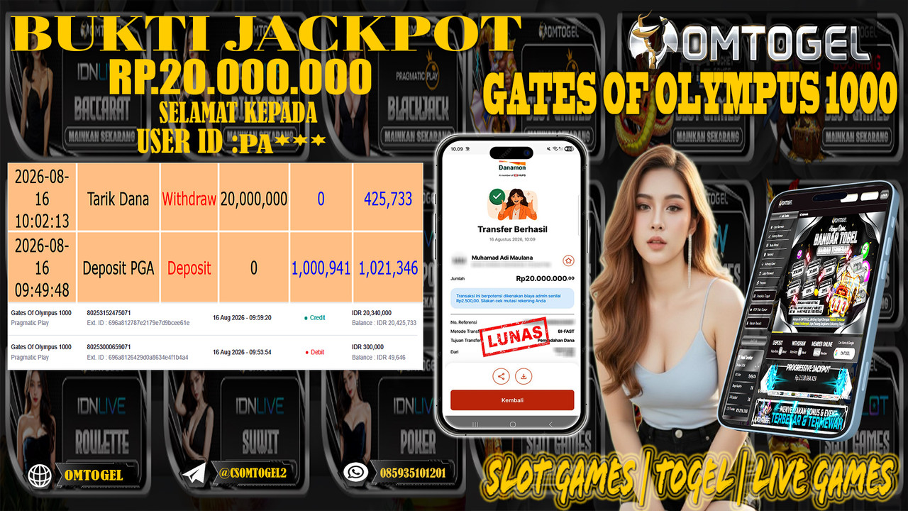 OMTOGEL JACKPOT PRAGMATIC PLAY GATES OF OLYMPUS 1000 Rp,20,000,000,- DIBAYAR LUNAS