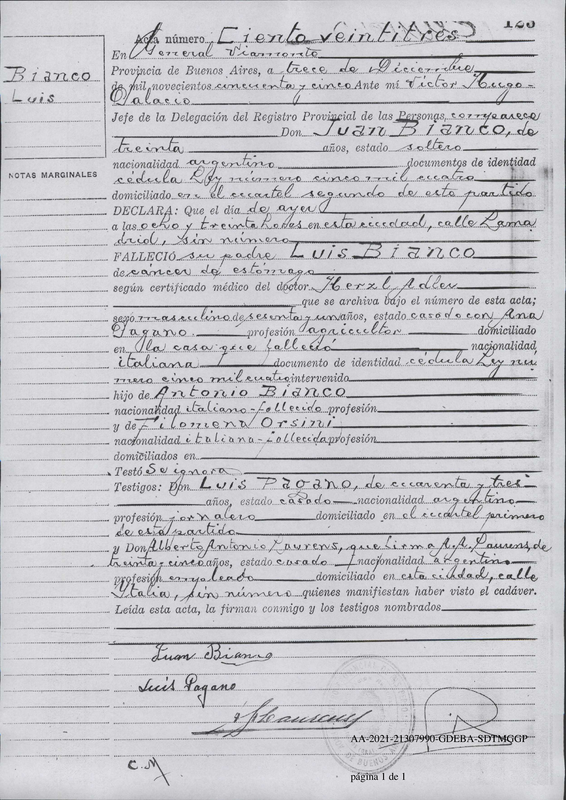 Defunción Luis Bianco