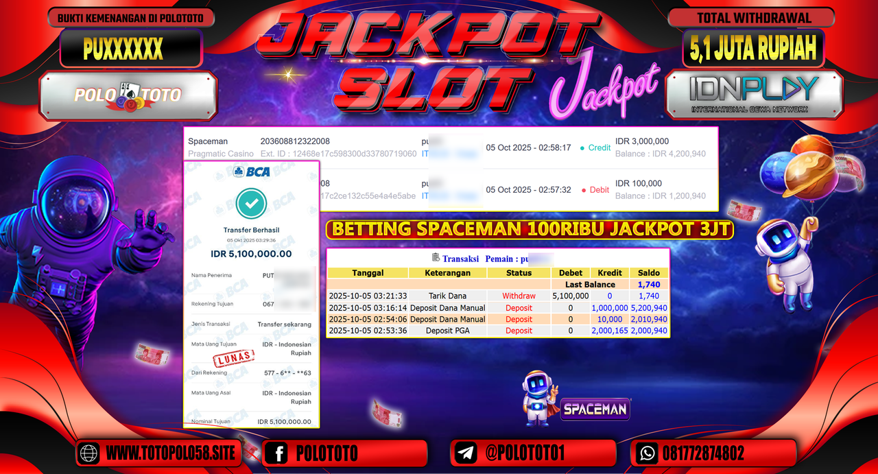POLOTOTO JACKPOT SLOT SPACEMAN Rp.5.100.000,- LUNAS
