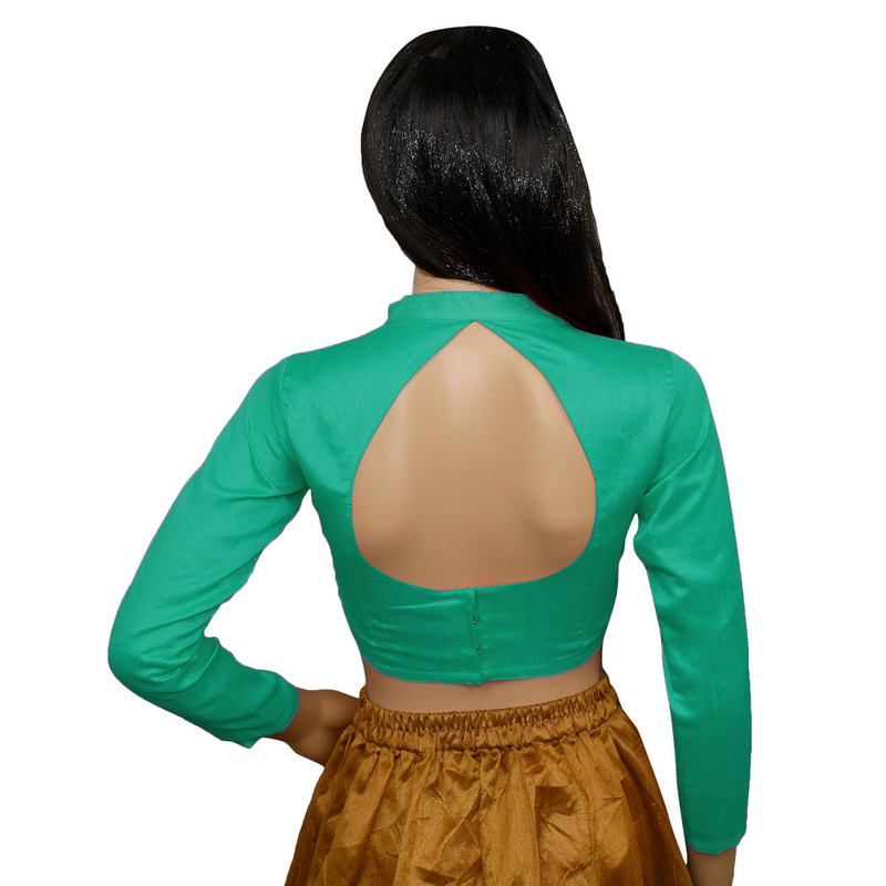 Women's Designer Sari Blouse Dupion Silk Collor Neck Long Sleeve Crop Top Choli - Picture 58 of 82